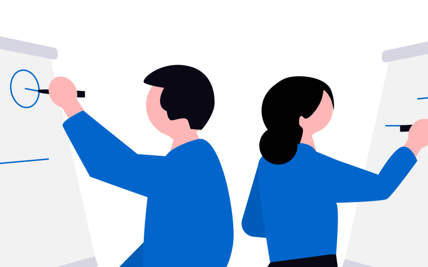 Vector illustration of founders presenting a startup pitch deck, representing Clarifi Strategy’s support for fundraising and investor communication.